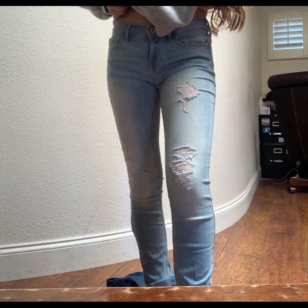 Light wash jeans.